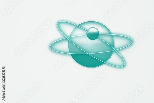Teal atom with a central sphere and two intersecting elliptical orbital rings on a plain white background, symbol