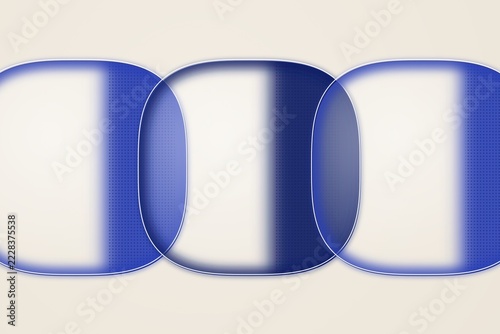 Three overlapping rounded rectangular shapes with blue gradient fills and halftone dot patterns on a light beige background