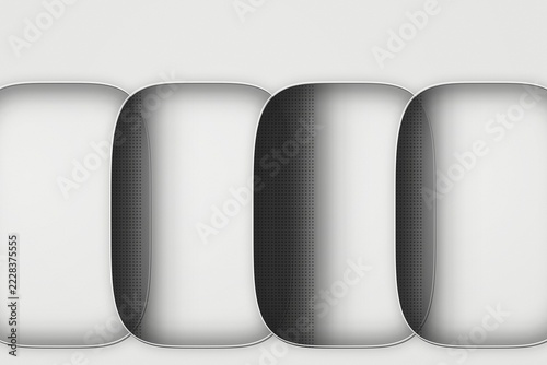 Four overlapping rounded rectangular frames with white borders and dark gray, dotted gradient interiors on a light gray background