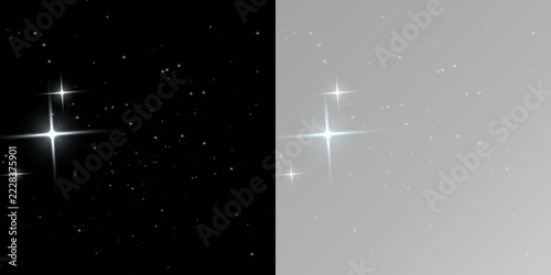 Split background, with black and, light gray sides, featuring scattered white, glowing star shapes, and sparkling light, points in a, night sky