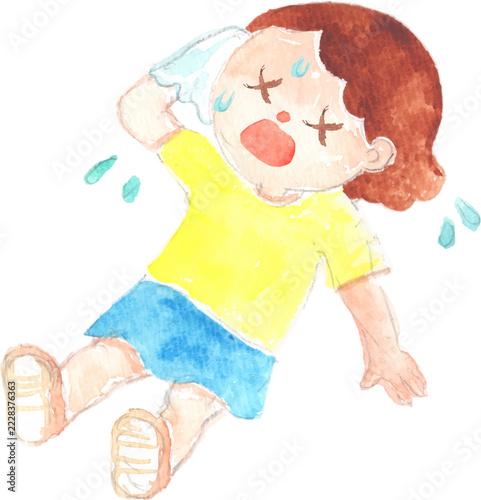 熱中症で倒れる女の子の水彩イラスト