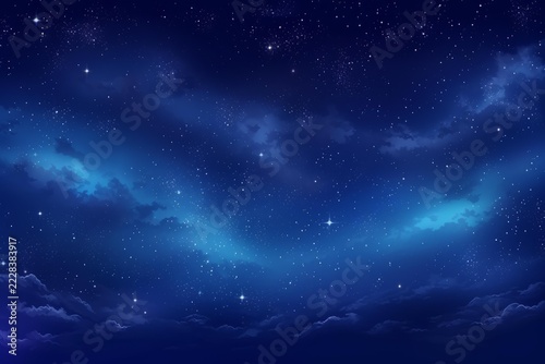 Deep blue night sky presenting numerous stars and glowing nebula clouds