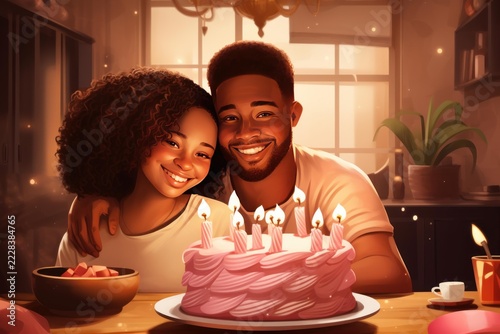 Young couple smiling and embracing behind a pink birthday cake with lit candles