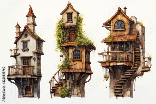 Whimsical fantasy houses with rustic wood and stone architecture reaching for the sky