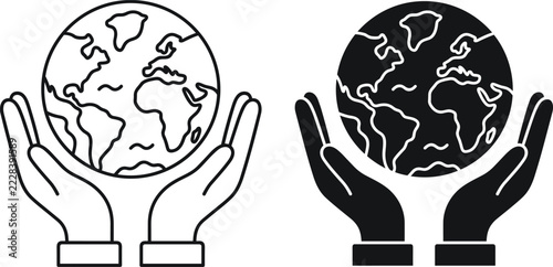 Hands holding planet earth globe icon set for environmental protection, global care, ecology and charity concept vector illustration