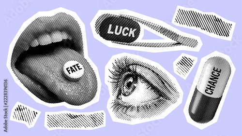 Trendy retro collage with halftone mouth, fate pill, eye, and chance capsule, surreal destiny concept design on purple background