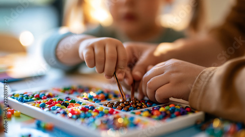 Adult and child sorting colorful beads in a classroom close up of hands placing beads into a compartment tray with small tongs early childhood development sorting colorful beads