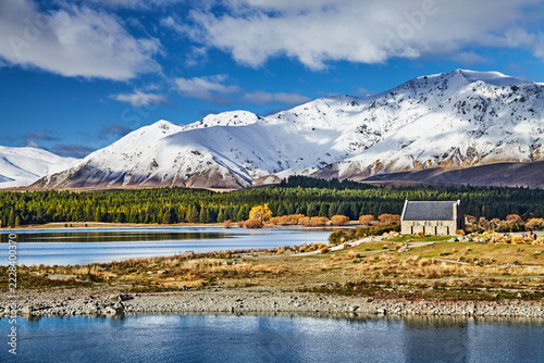 Lake Tekapo and Southern Alps in New Zealand, Church of the Good Shepherd on the shore