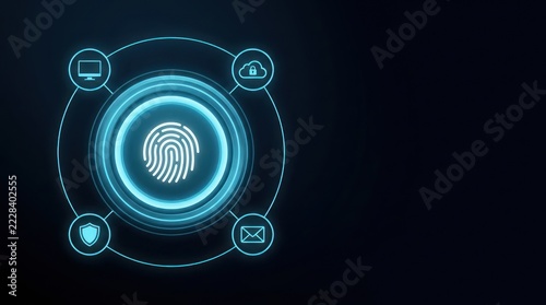Digital cybersecurity emblem with central glowing fingerprint icon surrounded by connected computer cloud shield and mail symbols representing network security and data protection