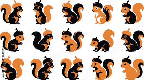 Series of simple squirrel illustrations wearing acorn hats on white background with forest life