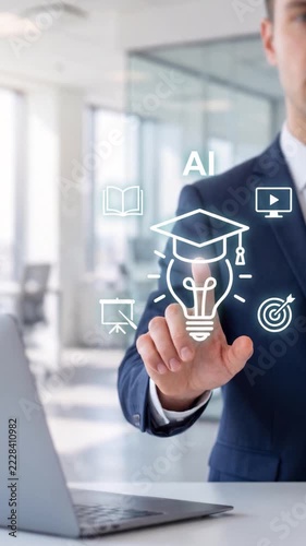 Business Professional Presenting Modern Learning and Development Concepts, Educational Seminars, e-Learning Solutions, Digital Training, AI Learning Tools, Vertical Video