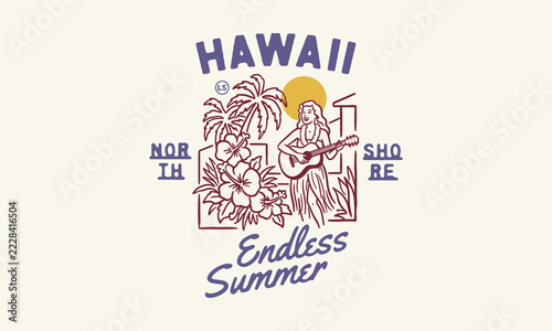 Vintage Hawaii North Shore illustration with woman playing guitar, palm trees and hibiscus flowers.