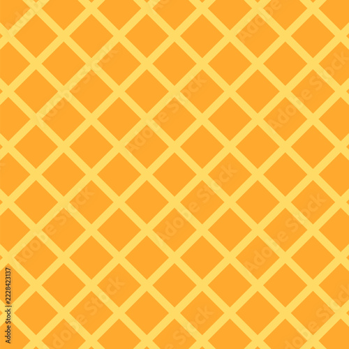 Waffle grid lattice geometric yellow seamless pattern vector background. Bright orange wallpaper featuring diagonal crossed grid lines sweet waffle texture design
