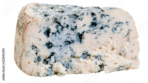 Fotografie Creamy wedge of blue cheese with distinct blue mold veins and natural rind