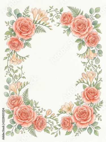 Delicate Rose and Frangipani Floral Wreath on Cream Background