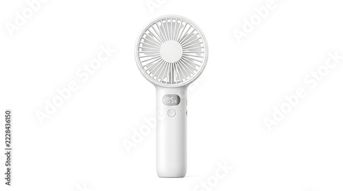 Portable Fan on White: A sleek, white portable electric fan rests on a clean white surface, its compact design promising cool breezes on the go.