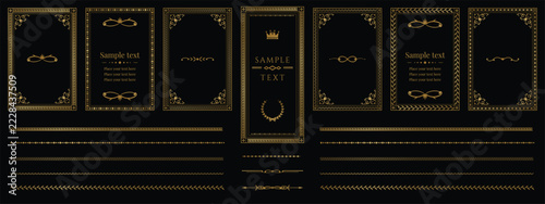 Luxury gold frames on black background. Ornate vertical borders with filigree corners, crown, laurel and infinity accents, decorative divider lines and premium invitation card templates. Vector