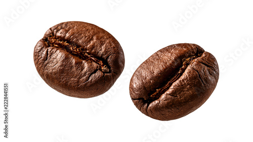 Fotografie Two roasted dark brown coffee beans with textured surfaces