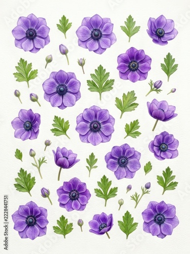 Purple Anemone Flowers With Green Leaves on White Background