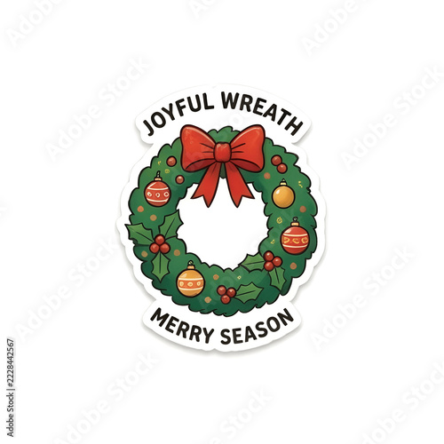 Joyful Wreath Merry Season Cute Christmas Wreath Sticker Vector