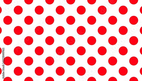 Seamless polka dot pattern, vibrant red polka dots arranged in a repeating staggered grid, clean solid white background, flat vector illustration, minimalist design, graphic print