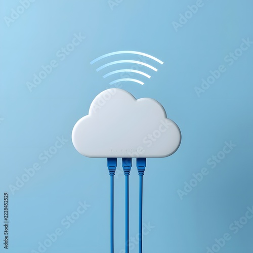 A minimalist 3D illustration of a white fluffy cloud centered against a solid pastel light blue background. Three blue Ethernet network cables are plugged into the bottom of the cloud