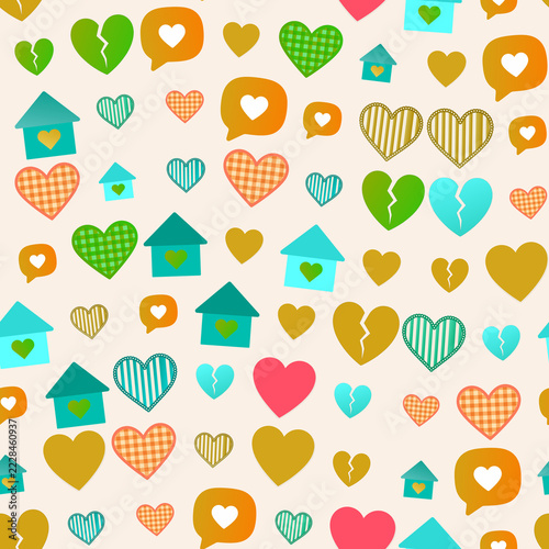 Obraz na plátně Seamless pattern of hearts, houses, and speech bubbles