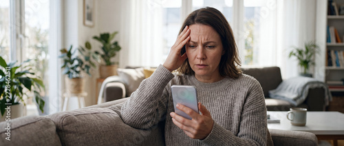 Worried Woman Reading Bad News on Smartphone at Home