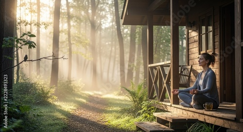 Woman meditating on porch of wooden cabin in forest.