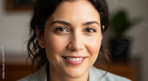 Close up portrait of smiling brunette woman indoors.
