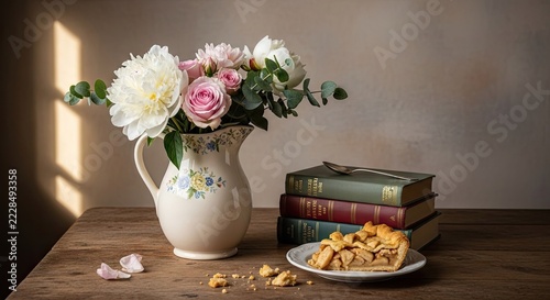 Floral bouquet in white pitcher with pie and books.