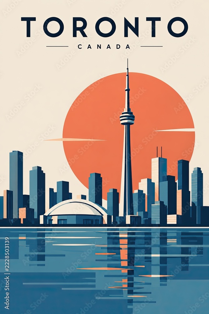 Fototapeta premium Toronto skyline with the CN Tower and city buildings reflected in calm water beneath a warm setting sun, in a retro travel poster style.