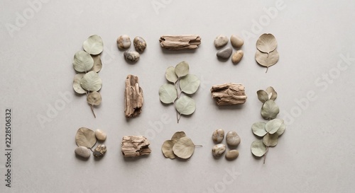 This photo features a flat lay arrangement of natural elements, including dried leaves, smooth pebbles, and pieces of driftwood. The earthy tones create a calming and organic aesthetic.
