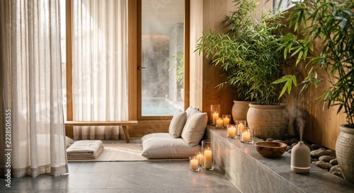 A serene spa environment features soft lighting from numerous candles and lush green plants, creating a peaceful ambiance. The natural wood elements and sheer curtains enhance the calming atmosphere.