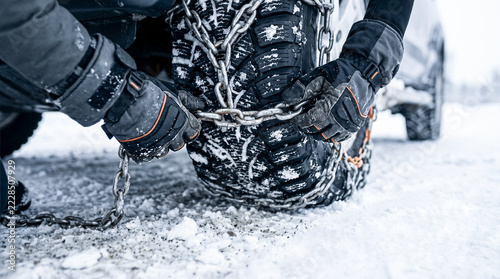 Close-up of hands in protective gloves putting snow chains on car tire on snowy road in winter. Concept of road safety, winter driving, emergency vehicle preparation, and severe weather conditions