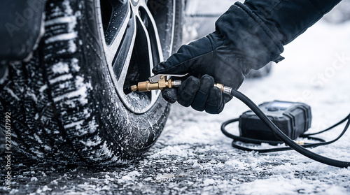Close-up of hand in black glove inflating car tire with air compressor nozzle on snowy road in winter. Concept of car maintenance, tire pressure check, and winter driving preparation