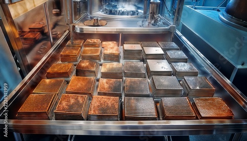 Commercial waffle iron plates arranged in a professional restaurant kitchen for mass food preparation.