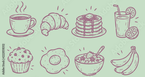 Hand Drawn Breakfast Food Doodle Icon Set