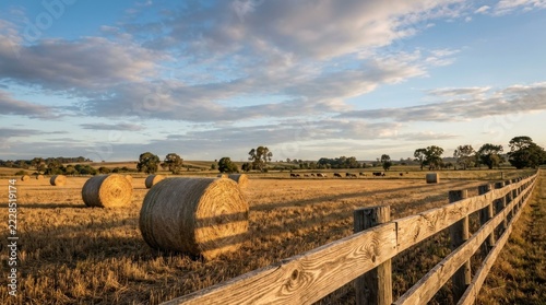 Golden Hay Bales on a Sunny Rural Farm Field.