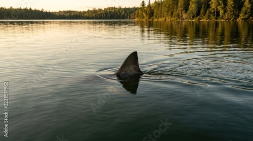 Shark fin protruding from the surface of a calm lake.