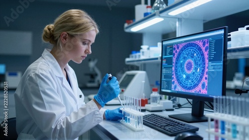 Female scientist pipetting blue liquid into test tubes next to computer monitor displaying circular data visualization in modern laboratory environment with clinical work