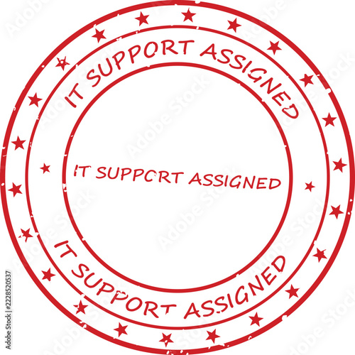 Red rubber stamp with the text it support assigned inside a circular border with stars, isolated on a white background, grunge texture