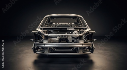 Front view of an empty car chassis without body panels.