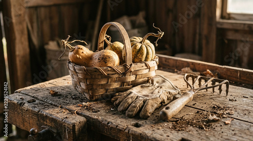 Rustic basket filled with small pumpkins sitting on a weathered garden table