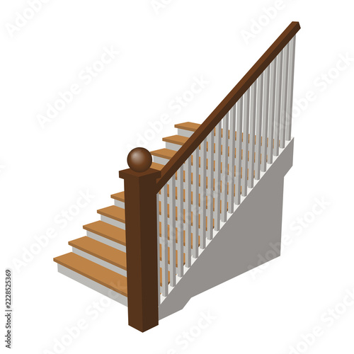Fotografie Wooden home staircase with white balusters and dark handrail
