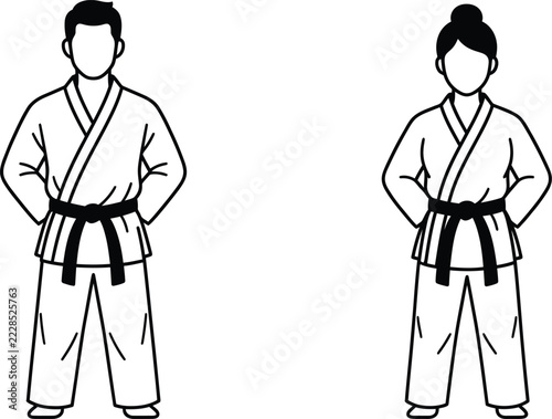 Male and Female Karate Martial Arts Fighters Wearing Traditional Gi Uniform with Black Belt Line Art Illustration Isolated on White Background