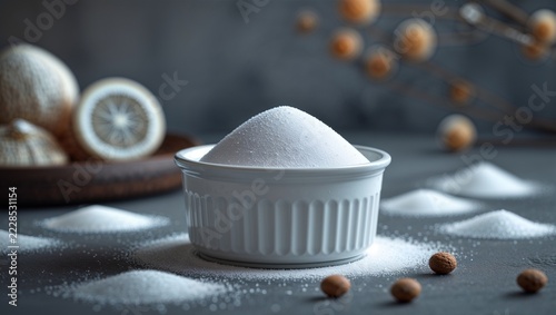 White powder in a fluted bowl on a dark kitchen surface