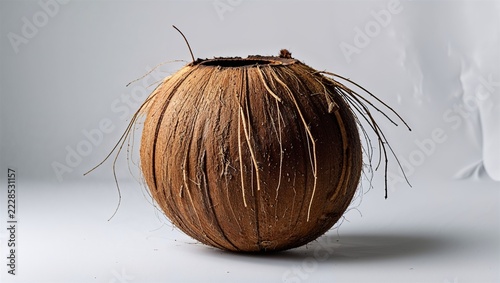 Fibrous brown coconut on a light studio background