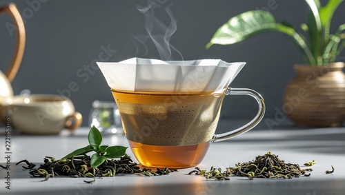 Steaming amber tea in a glass cup with a paper filter