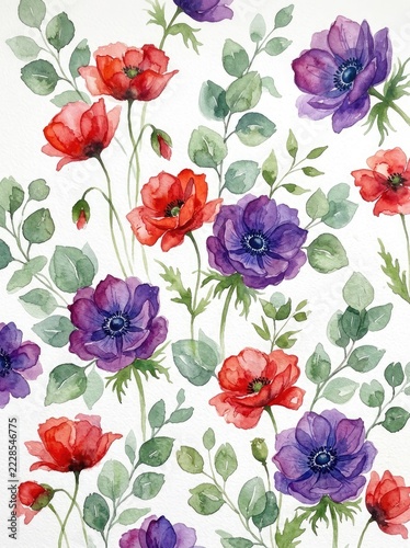 Watercolor Flowers With Green Leaves on White Background